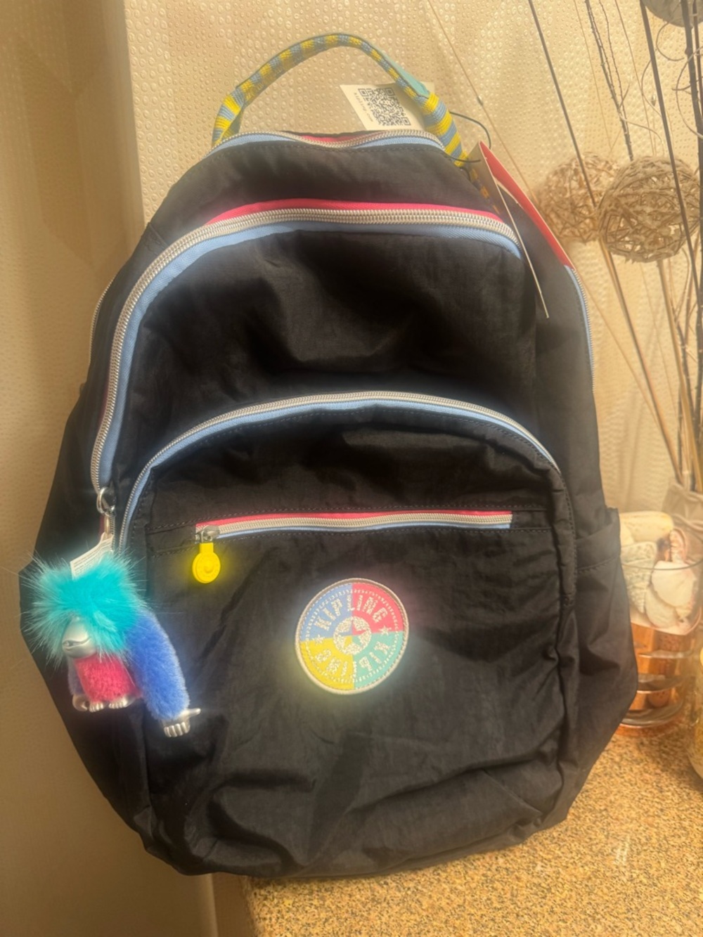 Kipling Seoul Up  Backpack with Colorful Trim and Pom-Pom Keychain NWT - Picture 2 of 5